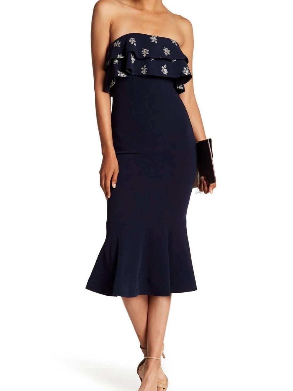 cinq a sept Navy Blue Strapless Ruffle Midi Dress Gown Wedding Guest Size 6
